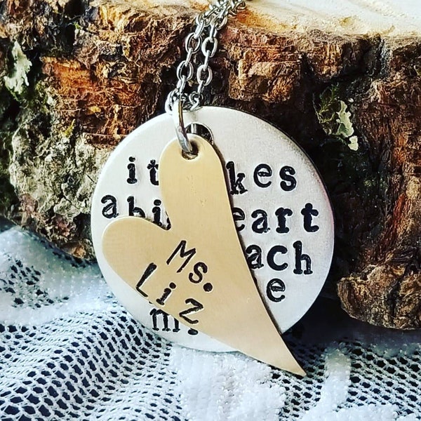 Teacher Necklace, Teacher Gift, Custom Gift for Teacher, Personalized Necklace, Heart Jewelry, Hand Stamped Gift, Educator Gift, Educator