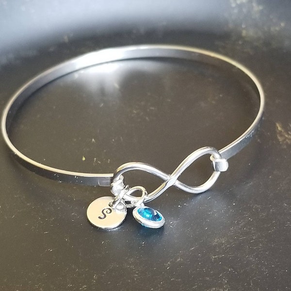 Infinity Bangle, Infinity Bracelet, Infinity Charm Bangle, Initial Jewelry, Family Bracelet, Stainless Steel Bangle, Personalized Bracelet