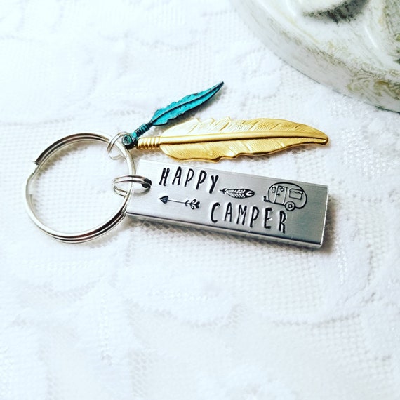 Custum keychain Gift Camper Gift OutdoorsCamping Vacation Gift Happy Camper Keychains \u2022 Hand Stamped Aluminum Couples Gift