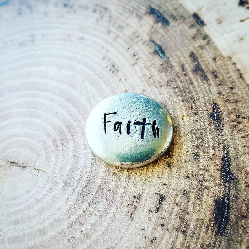 Worry Stone, Faith Worry Coin, Pocket Pebble, Hand Cast Pewter, Inspirational Word, Hand Stamped Stone, Encouragement Gift, Gifts Under 15 image 2
