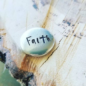 Worry Stone, Faith Worry Coin, Pocket Pebble, Hand Cast Pewter, Inspirational Word, Hand Stamped Stone, Encouragement Gift, Gifts Under 15 image 3