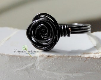 Black Rose Ring, Wire Wrapped Ring, Wire Wrapped Jewelry, Wire Rose Ring, Wire Wrapped Rose, Twisted Wire Ring, Twisted Rose Ring, Rose Ring