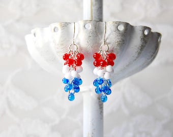 Red White Blue Earrings, Fourth of July, Fringe Bead Earrings, Fringe Jewelry, Red Jewelry, Beaded Earrings, Summer Earrings, July 4th