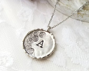 Letter Necklace Initial Necklace Letter Jewelry Initial Jewelry Letter Pendant Rose Jewelry Large Disc Necklace Hand Stamped Necklace Flower