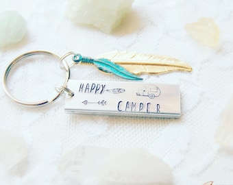 Happy Camper Keyring, Camping Key Chain, Camper Key Chain, Camp Lover Gift, Camp Counselor Gift, Camper Accessory, Hand Stamped Key Chain