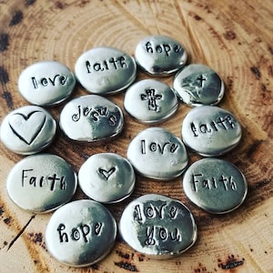Worry Stone, Faith Worry Coin, Pocket Pebble, Hand Cast Pewter, Inspirational Word, Hand Stamped Stone, Encouragement Gift, Gifts Under 15