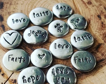 Worry Stone, Faith Worry Coin, Pocket Pebble, Hand Cast Pewter, Inspirational Word, Hand Stamped Stone, Encouragement Gift, Gifts Under 15