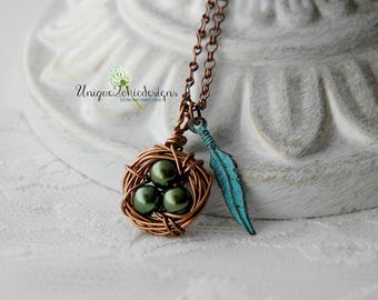 Bird Nest Necklace Mother's Day Gift Gifts for Mom Hand Formed Pearl Birds Nest Sterling Silver Cross Necklace Birthstone Necklace Mother