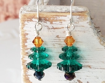 Christmas Tree Earrings, Crystal Tree Jewelry, Stocking Stuffer, Christmas Earrings, Swarovski Crystal Tree, Green Earrings, Green Trees