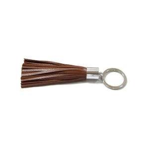 Mocha Brown Lambskin Leather Tassel Keychain with Rhodium Plated Brass Top Free Gift Wrap