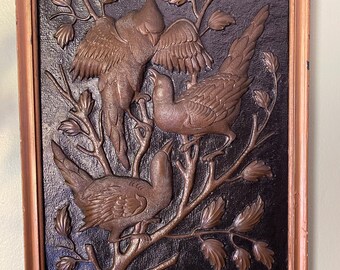 枝に止まる鳥の美しいヴィンテージ銅レリーフ壁アート - Etsy 日本