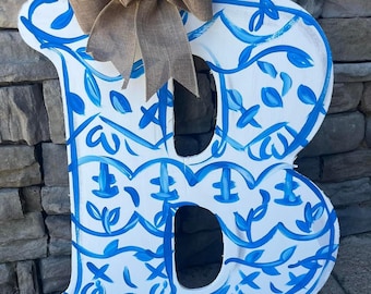 Blue Chinoiserie Initial Door Hanger with Burlap Bow