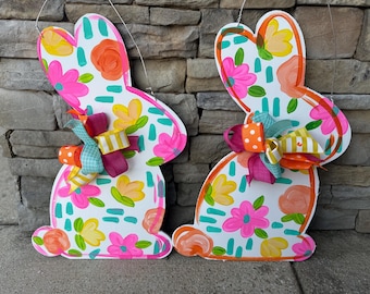 Hand Painted Easter Bunny Door Hanger - Floral Spring Decor