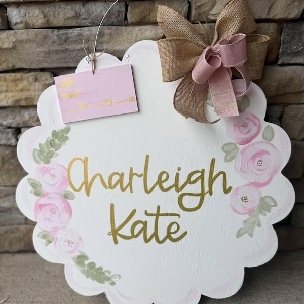 Baby Girl Hospital Door Hanger – Personalized Newborn Name Sign – Custom Birth Announcement Door Sign – Wooden Nursery Door Decor