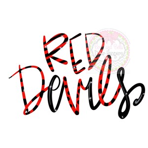 May include: Red Devils text with red and black striped and polka dot patterns. The text is in a bold, handwritten style.