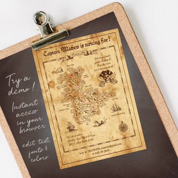 Pirate Invitation, Pirate Birthday Invitation, Pirate Party Invitation, Treasure Map Invitation INSTANT DOWNLOAD you personalize at home Il_570xn