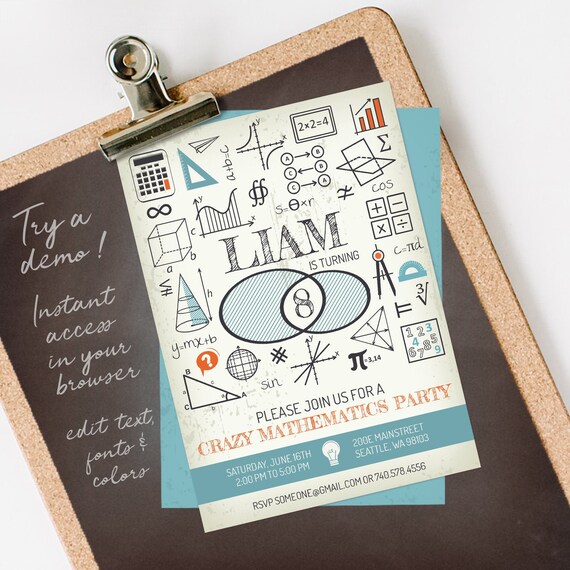 Mathematics Invitation - Download Math Birthday Party Invitation - printable INSTANT DOWNLOAD editable with Templett Il_570xn