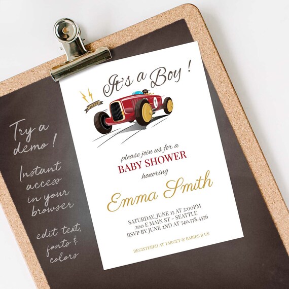 Vintage Race Car Baby Shower Invitation Boy, Retro Race Car Baby Shower Boy, It's a Boy Baby Shower Invitation INSTANT DOWNLOAD personalize Il_570xn