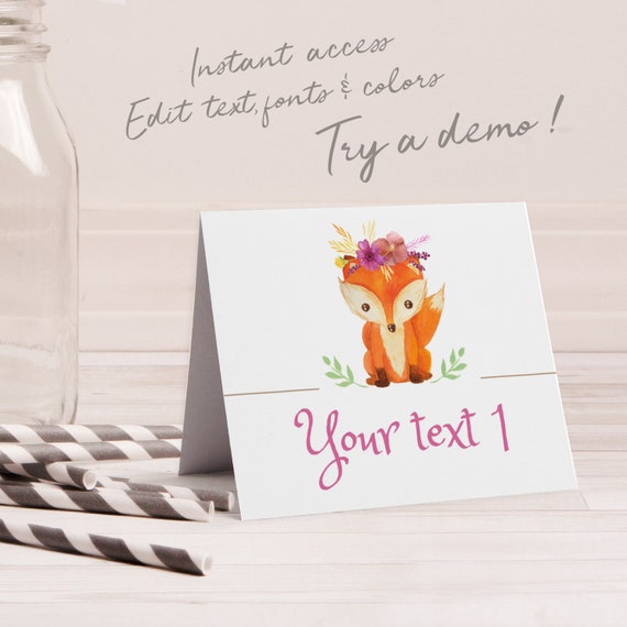 Woodland Buffet Cards, Wild One Food Label, Cute Fox Place Card, Woodland Party Goodie Bag Label, INSTANT ACCESS editable template Il_570xn
