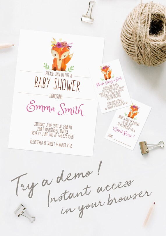 Woodland Baby Shower Invitation, Baby girl fox with flower crown, editable template INSTANT DOWNLOAD Il_570xn