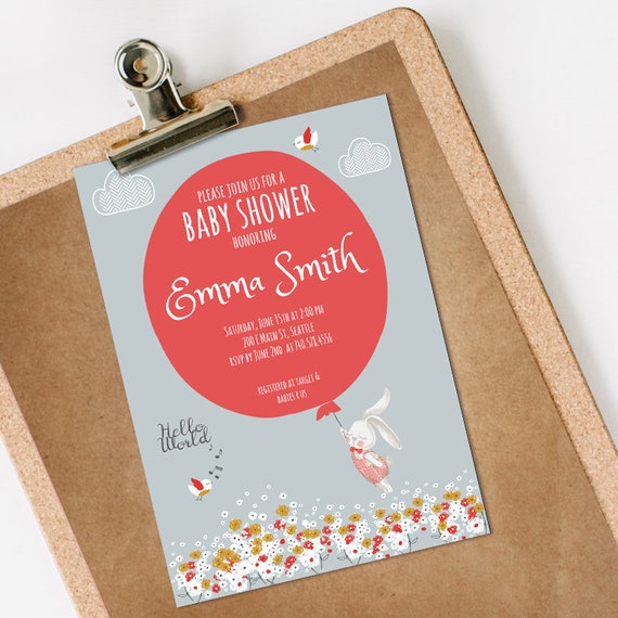 Bunny Baby Shower Invitation, Bunny Baby Shower, Balloon Baby Shower Invitation, INSTANT DOWNLOAD you personalize at home Il_570xn