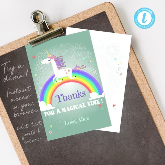 Unicorn Thank You Card, Unicorn Thank You Note, Rainbow Thank You Card, editable INSTANT DOWNLOAD printable at home Il_570xn