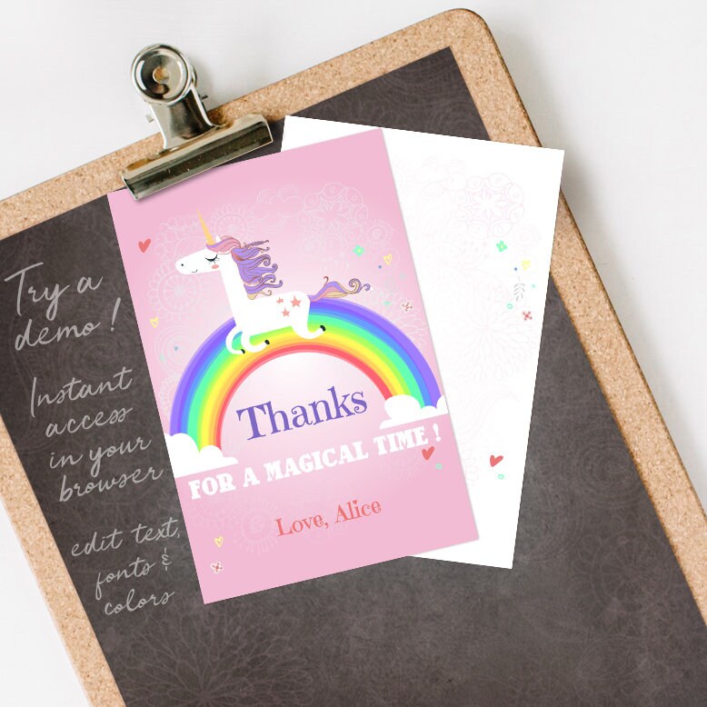 unicorn thank you card unicorn thank you note rainbow thank etsy