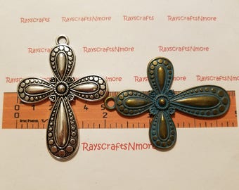 3 pcs - Large Cross Fancy Pendant, Silver Cross, Patina Cross - 72x52mm Antique Silver or Patina Lead Free Pewter SLR0543