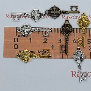 20pcs-Small San Benito Key Pendant, St Benedict Key,San Benito Medal Key Charm  24x9mm Antique Bronze,Gold or Silver Lead Free PewterSLR0335