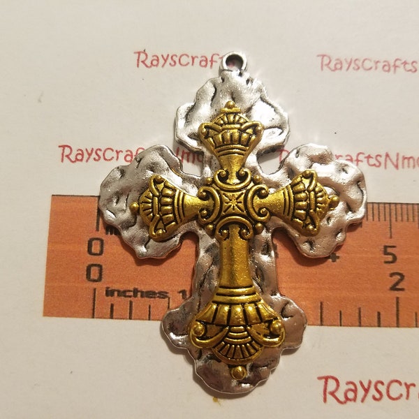 1 pc- One Sided Large 2 Tone Hammered Cross Pendant, Cross Charm -58x45mm 4.5mm Thick 2 Tone Silver and Gold Cross Lead Free Pewter. SLR0823