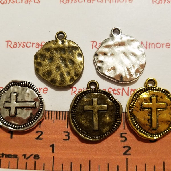 10 pcs - One side Cross Coin Charm, Cross Charm Pendant  - 20x17mm Antique Bronze, Gold or Silver  Tone Lead Free Pewter. SLR0602