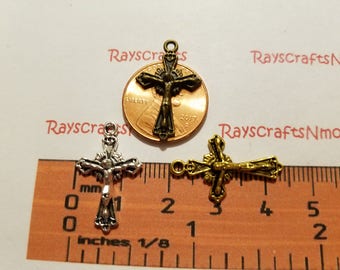 20 pcs -One side Crucifix Charm, Rosary Crucifix,Small Cross, Cross Charm - 23x14mm Antique Bronze, Gold or Silver Lead Free Pewter. SLR0590