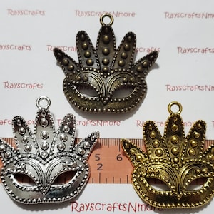 2pcs Mardi Gras Mask Pendant 50x48mm Antique Bronze, Gold or Silver Lead Free Pewter. SLR0127.