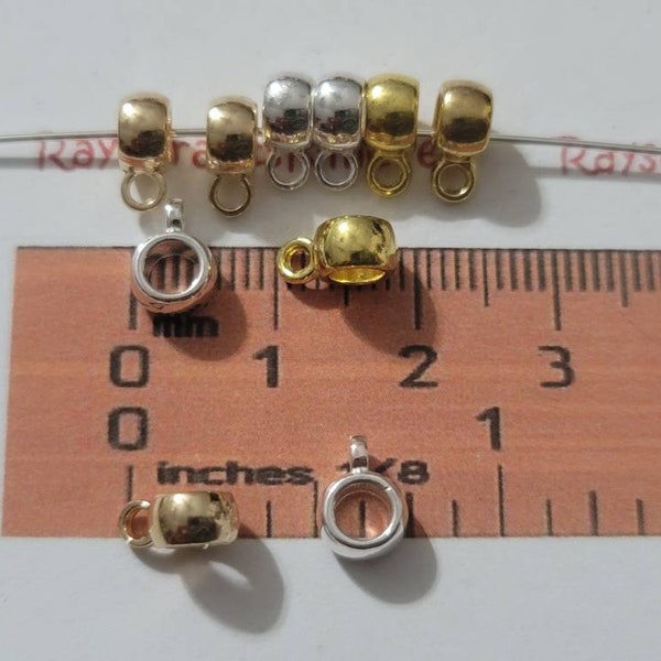 60 pcs - Tiny Tube Bail Bead Spacer, Charm Hanger, Bracelet Charm Hanger - 9x6mm 4mm Inner Diameter Gold or Silver Lead Free Pewter SLR0484.