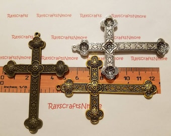 3 pcs - Large Cross Pendant, Cross Pewter, Cross - 80x50mm Antique Gold, Bronze or Silver Lead Free Pewter. SLR0629