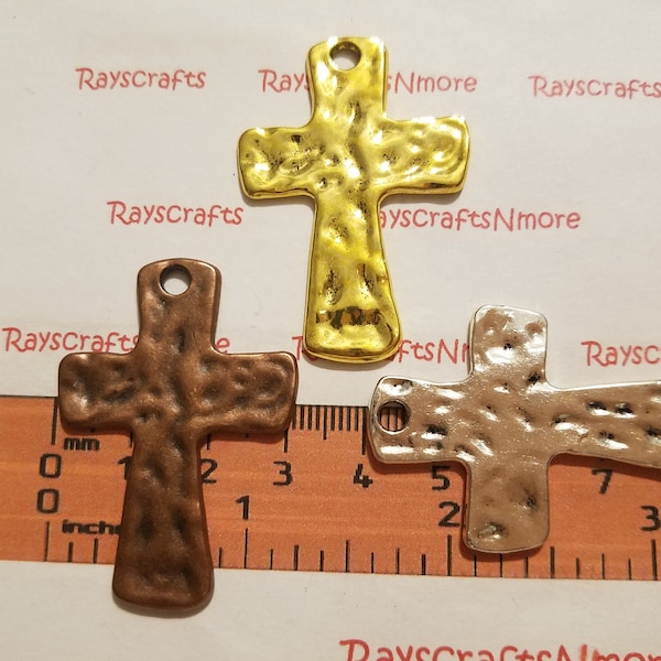 4 pcs - Large Cross Hammered Pendant, Large Cross Pendant- 45x31x2mm Shiny Bronze, Copper, Gold, Gunmetal or Silver Lead Free Pewter.SLR0416