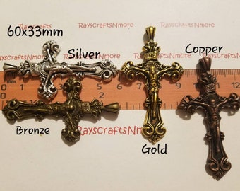 4 pezzi - Crocifisso grande, Croce grande, Ciondolo a croce, Crocifisso del rosario - 60 x 33 mm Bronzo antico, rame, oro o argento Peltro senza piombo SLR0707