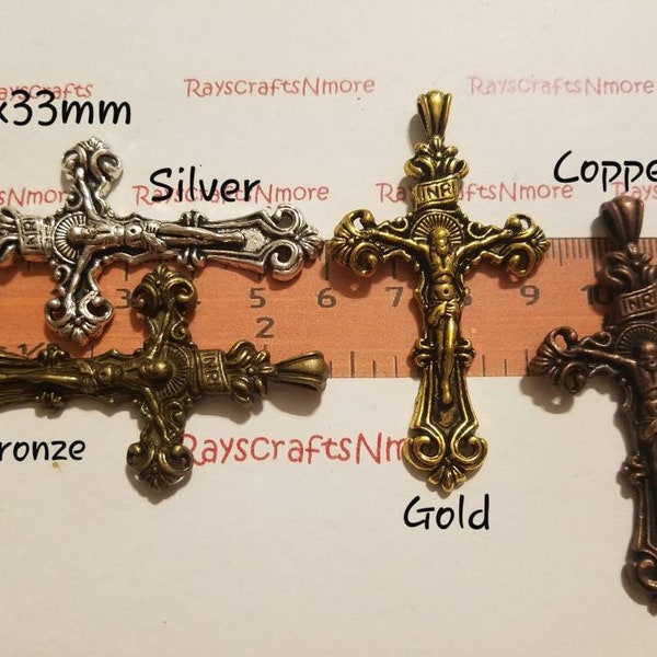 4 pcs - Large Crucifix, Large Cross, Cross Pendant,  Rosary Crucifix-60x33mm Antique Bronze, Copper, Gold or Silver Lead Free Pewter.SLR0707