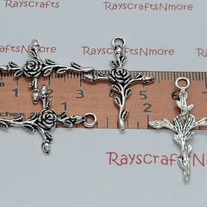 12pcs - Rose Cross Charm Pendant, Silver Rose Cross - 34x23mm 2.5mm Thickness 2.7mm Hole Silver Lead Free Pewter. SLR0896