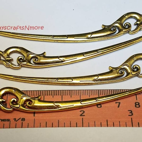 4 pcs - Curved Bookmark, Hair Stick - 93mm Antique Gold Lead Free Pewter. SLR0437.