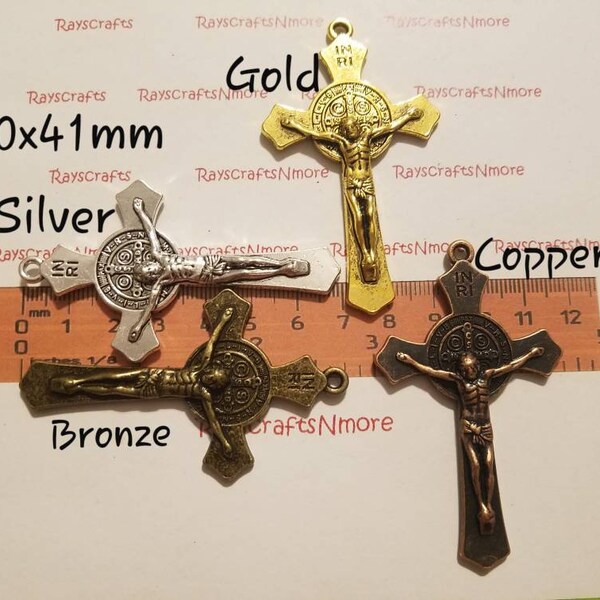 2pcs - Saint Benedict Crucifix Cross, St Benedict Medal Cross  Pendant - 70x41mm Antique Bronze, Copper, Gold or Silver Lead Free. SLR0822