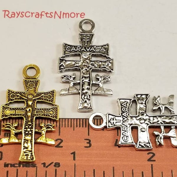 6 pcs - Pendentif Croix Caravaca Moyen - 35x20mm Or Antique ou Argent Étain Sans Plomb. SLR0563.