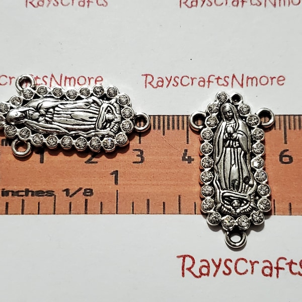 2pcs -Our Lady of Guadalupe Rosary Centerpiece,Rosary Center- 32x18mm 2.7mm Thick Antique Silver with Rhinestone Lead Free Pewter SLR0879