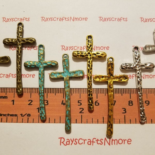 6 pcs- Long Thin Hammered  Cross Pendant, Tall Skinny Cross- 47x21mm Antique Bronze, Copper, Gold, Silver or Patina Lead Free Pewter SLR0703