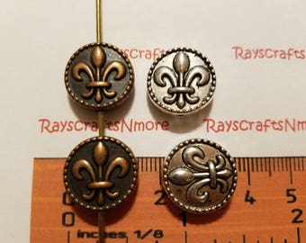 6 pcs - Reversible Top Drilled Round Fleur de Lis Spacer Bead - 16mm 6mm Thick 1mm Hole  Antique Gold, Silver or Copper  SLR0488.