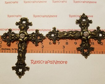 2 pcs - Large Fleur de lis FLower Textured Cross with Rhinestone, Large Cross - 72x55mm Antique Bronze Lead Free Pewter. SLR0691