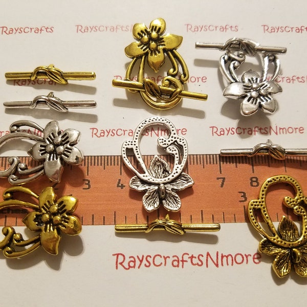 4 pairs - Flower Toggle Clasp, Large Toggle with Flower Design- 30x20mm 2x29mm Bar Antique Copper, Gold or Silver Lead free Pewter. SLR0812