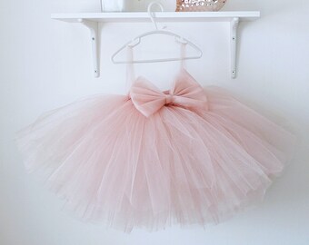 Big bow tulle girl skirt, wedding flower girls tutu skirt, blush girls tulle tutu, chic flower girl occassions dress, custom colour tutu