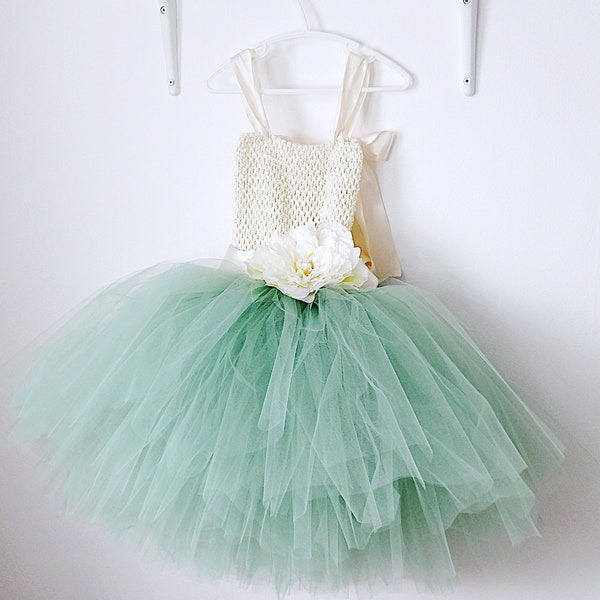 Sage Green Flower Girl Dress with Crochet Top, Rustic Ivory Tulle Wedding Dress, Green Tulle Dress, Sage Flower Girl Dress, Tutu Shop UK