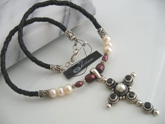 Garnet and Pearl Cross Necklace - small Garnet and Pearl Cross Necklace - small